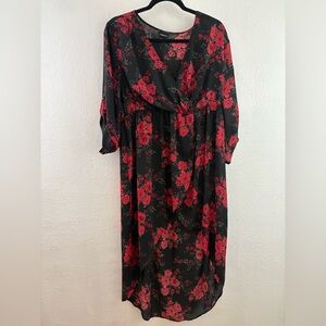 Torrid Red Black Floral Faux Wrap Sheer dress High-Low Roll-Tab Sleeve Size 1X